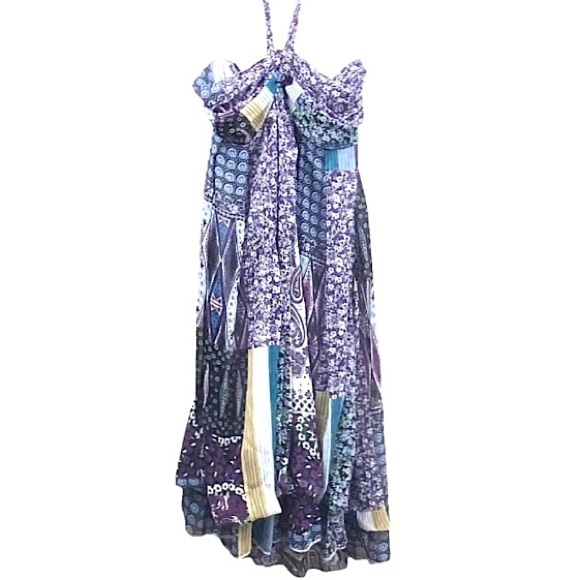 Trés Chic Bohemian Multi-Pattern Halter Midi Dress Patchwork Flounce Sundress S - Picture 7 of 16